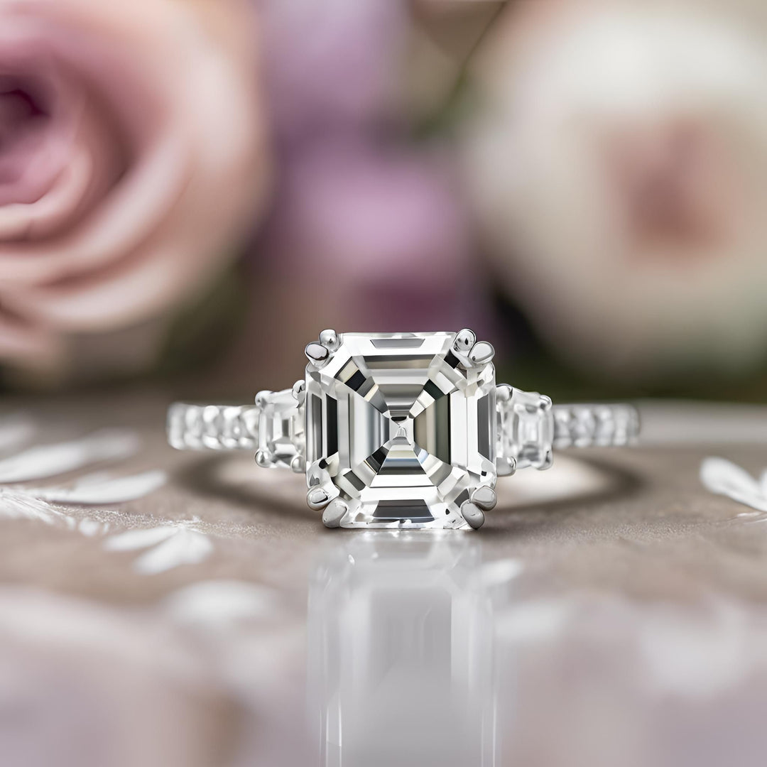 A lab grown asscher cut diamond engagement ring with double prongs in a three stone design with diamond trapezoids and accents from Rare Earth Jewelry..