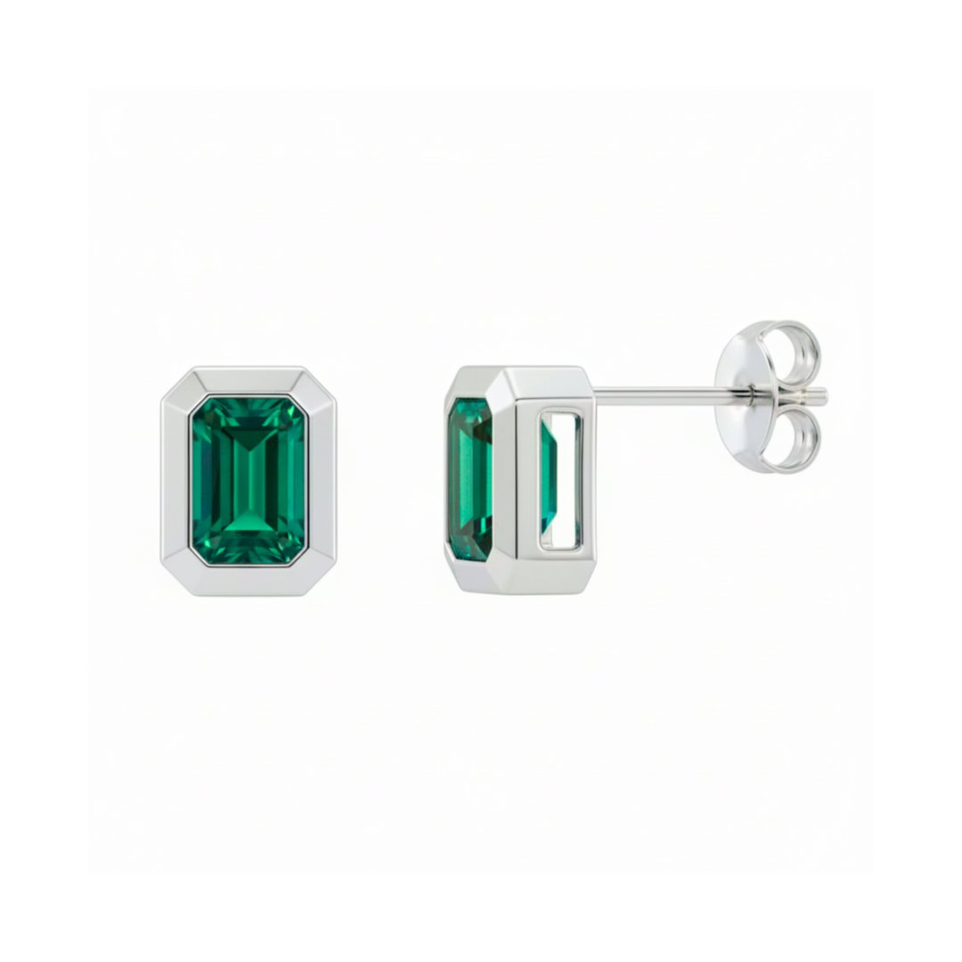 Emerald cut lab grown emerald earrings in 14K white gold bezel set stud design, May birthstone jewelry | Rare Earth Jewelry