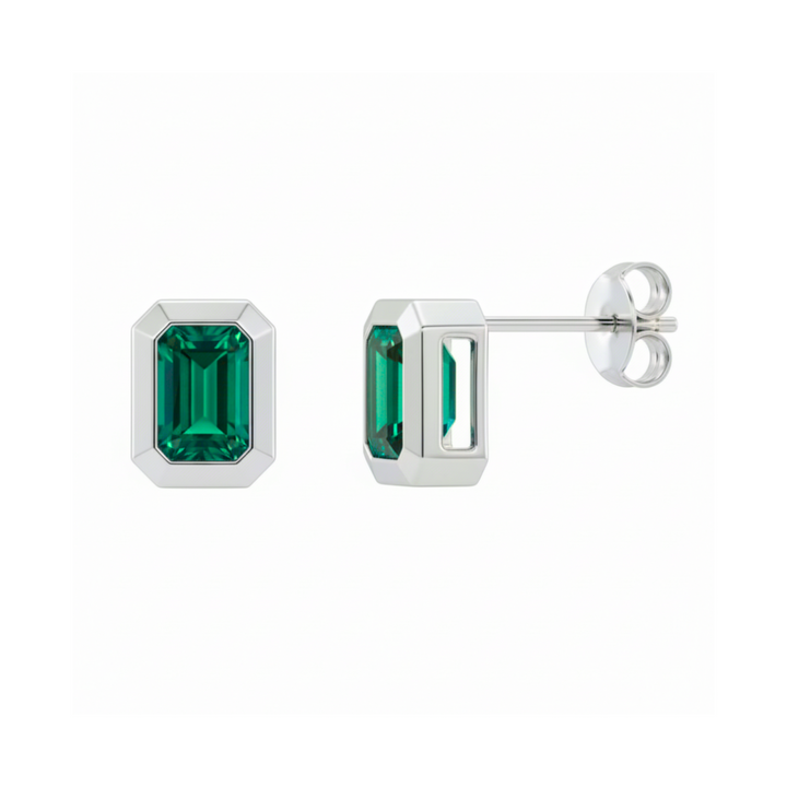 Emerald cut lab grown emerald earrings in 14K white gold bezel set stud design, May birthstone jewelry | Rare Earth Jewelry