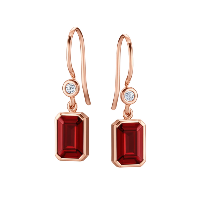 Emerald Cut Ruby Earrings with Diamonds, Bezel Set Ruby Dangle Earrings on French Ear Wires in Rose Gold | Rare Earth Jewelry