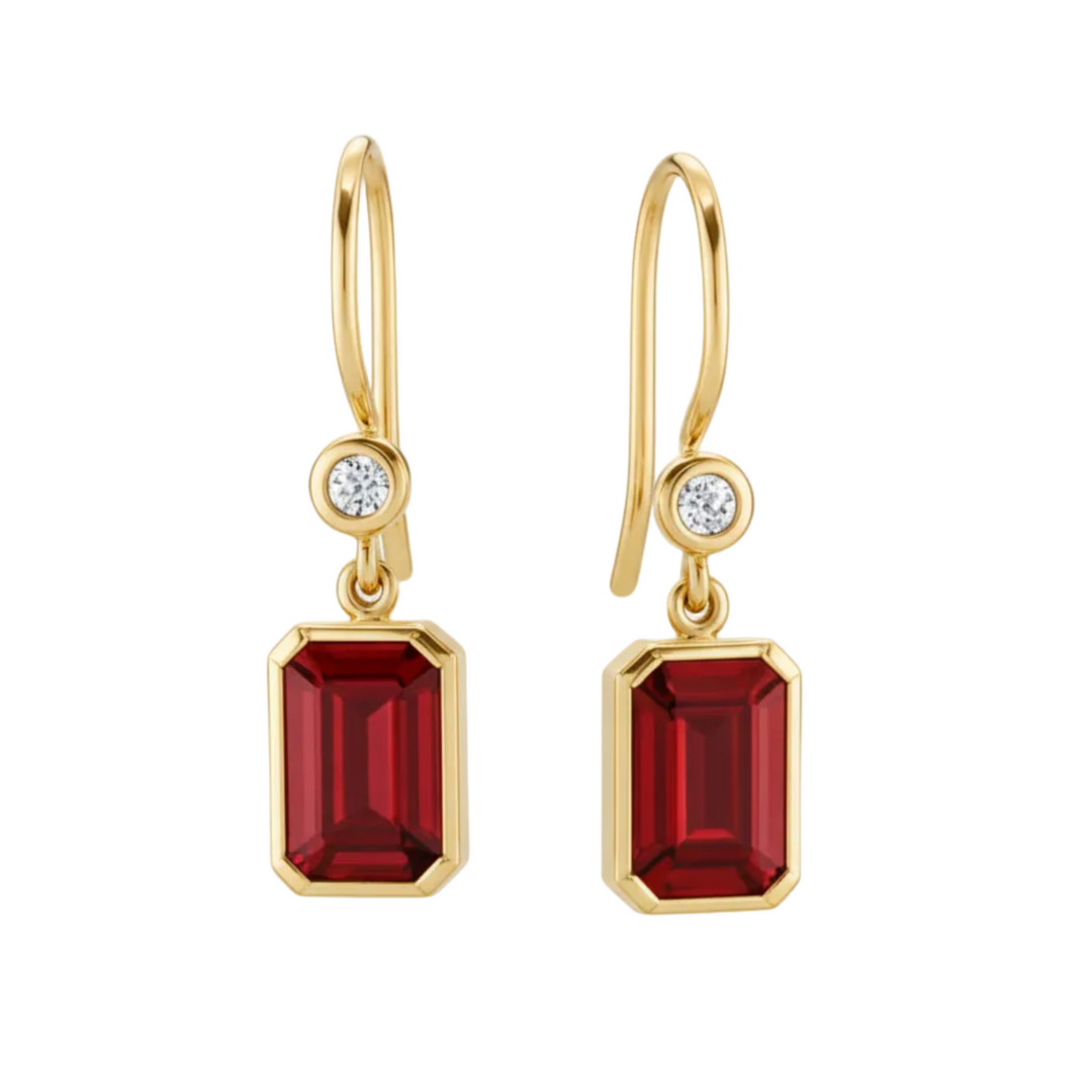 Emerald Cut Ruby Earrings with Diamonds, Bezel Set Ruby Dangle Earrings on French Ear Wires in 14K Gold | Rare Earth Jewelry
