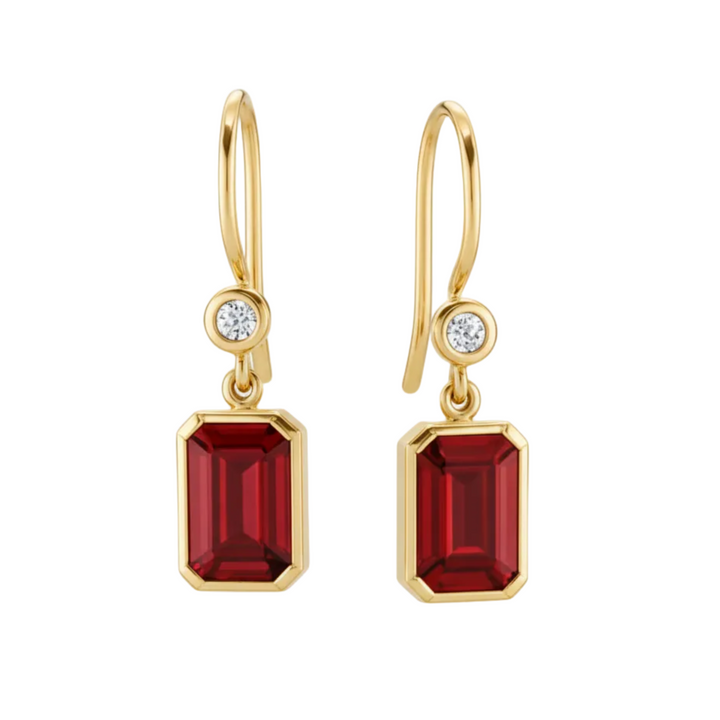 Emerald Cut Ruby Earrings with Diamonds, Bezel Set Ruby Dangle Earrings on French Ear Wires in 14K Gold | Rare Earth Jewelry