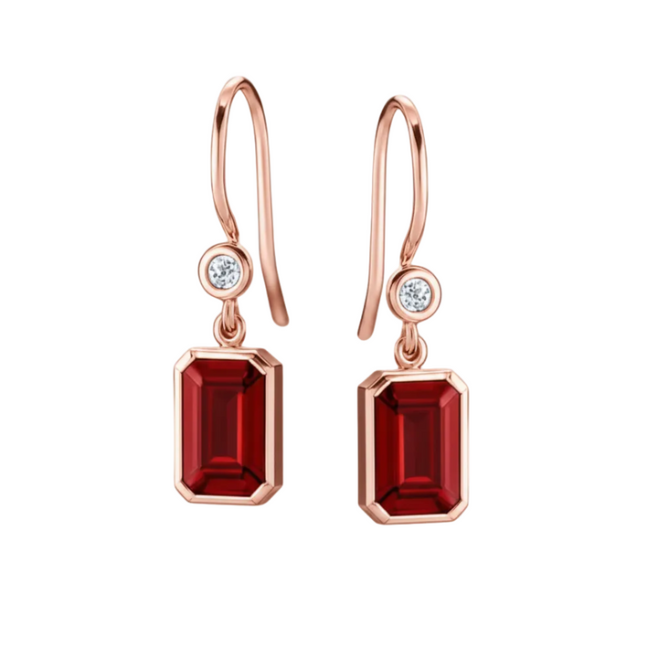18K Rose Gold Ruby Earrings, Emerald Cut Bezel Set Drops with Diamonds | Rare Earth Jewelry
