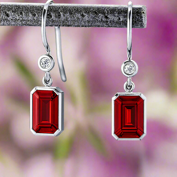 Emerald Cut Ruby Earrings with Diamonds, Bezel Set Ruby Dangle Earrings on French Ear Wires in 14K or 18K White Gold | Rare Earth Jewelry