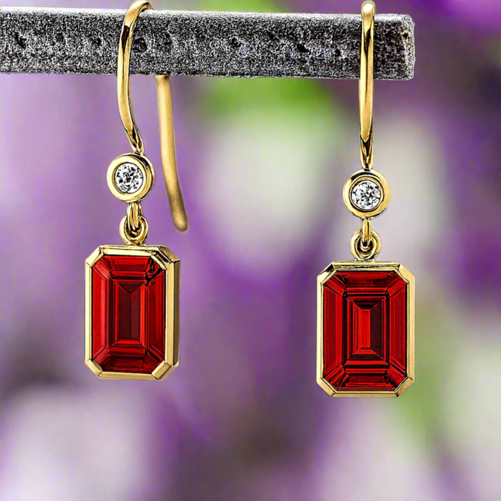 Emerald Cut Ruby Earrings with Diamonds, Bezel Set Ruby Dangle Earrings on French Ear Wires in 14K Gold | Rare Earth Jewelry