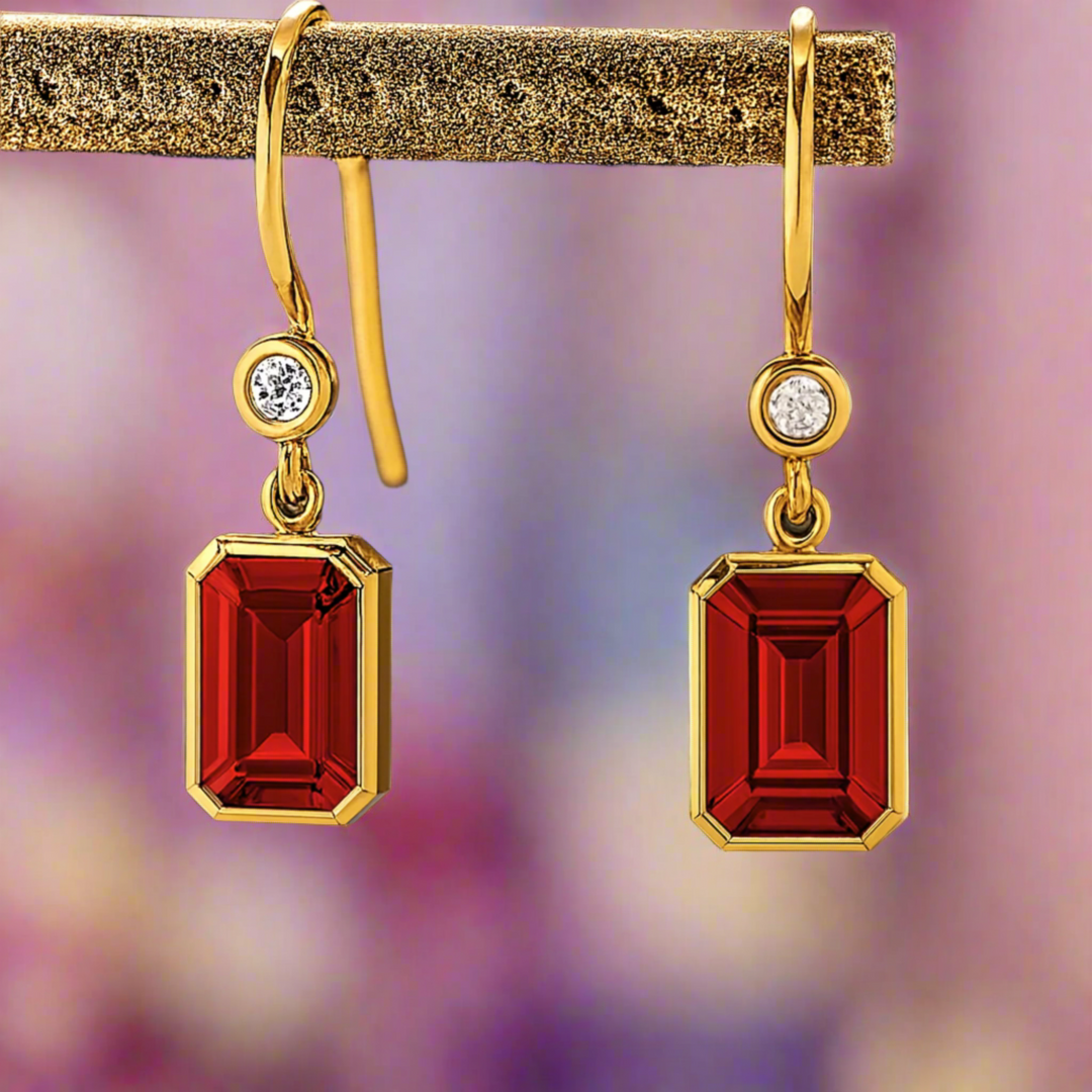 Emerald Cut Ruby Earrings with Diamonds, Bezel Set Ruby Dangle Earrings on French Ear Wires in 18K Gold  | Rare Earth Jewelry
