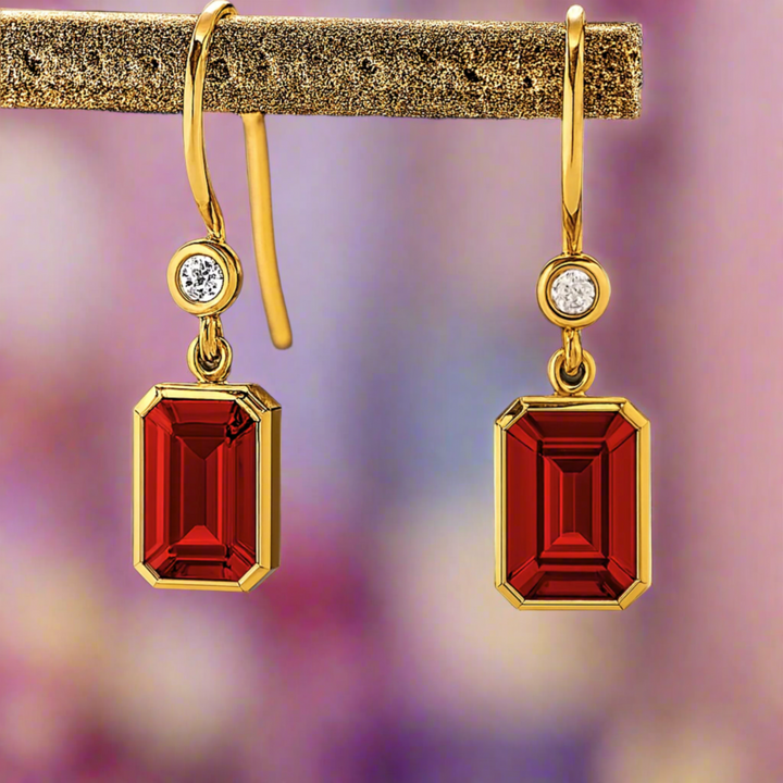 Emerald Cut Ruby Earrings with Diamonds, Bezel Set Ruby Dangle Earrings on French Ear Wires in 18K Gold  | Rare Earth Jewelry
