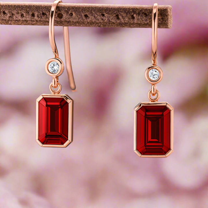 Emerald Cut Ruby Earrings with Diamonds, Bezel Set Ruby Dangle Earrings on French Ear Wires in Rose Gold | Rare Earth Jewelry