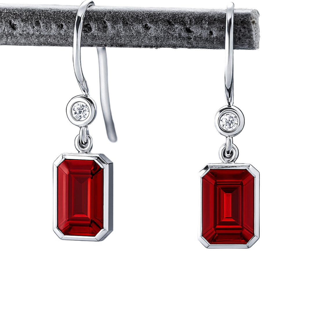 Emerald Cut Ruby Earrings with Diamonds, Bezel Set Ruby Dangle Earrings on French Ear Wires in 14K or 18K Gold and Platinum | Rare Earth Jewelry