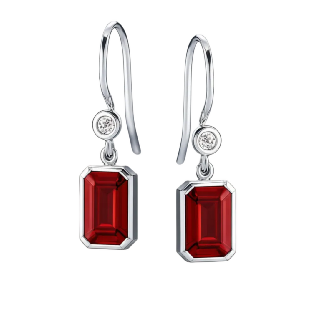 Emerald Cut Ruby Earrings with Diamonds, Bezel Set Ruby Dangle Earrings on French Ear Wires in 14K or 18K Gold and Platinum | Rare Earth Jewelry