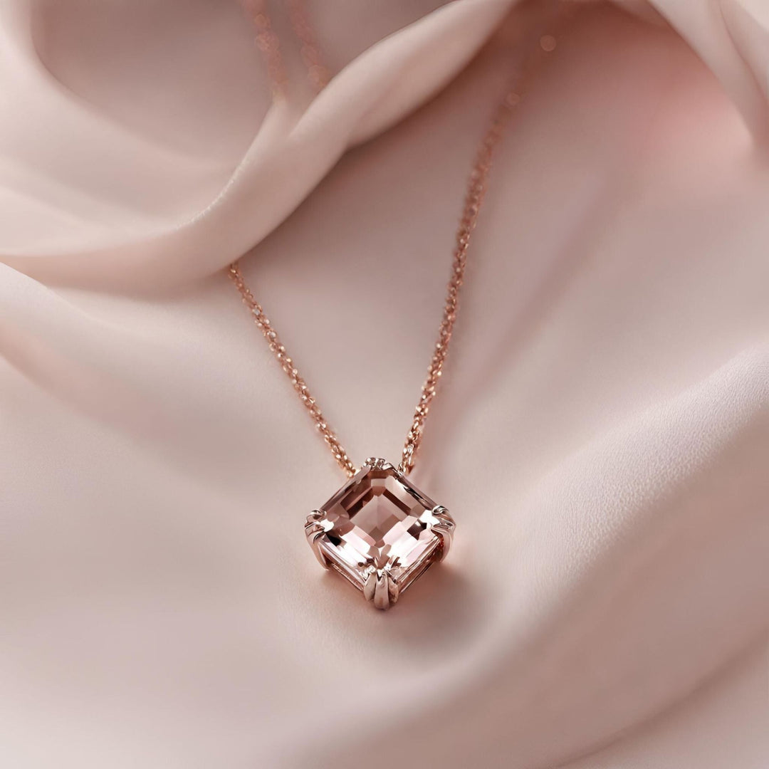 A large asscher cut Morganite pendant in rose gold with striking triple prongs in 14K Rose Gold