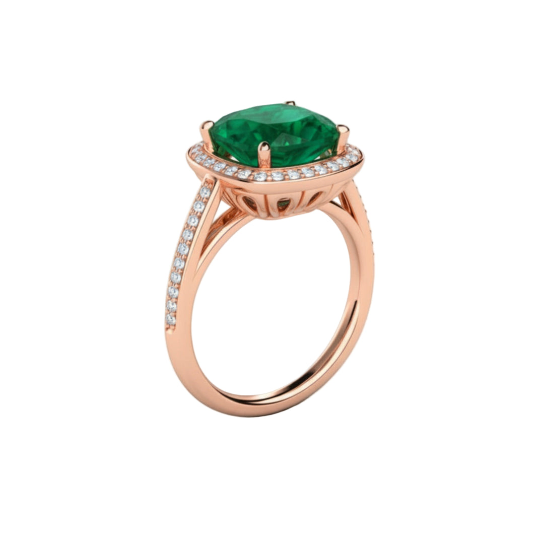 Large Cushion Cut Emerald Ring | Diamond Halo Statement Ring in Gold o Large Cushion Cut Emerald Ring | Diamond Halo Statement Ring in Gold o