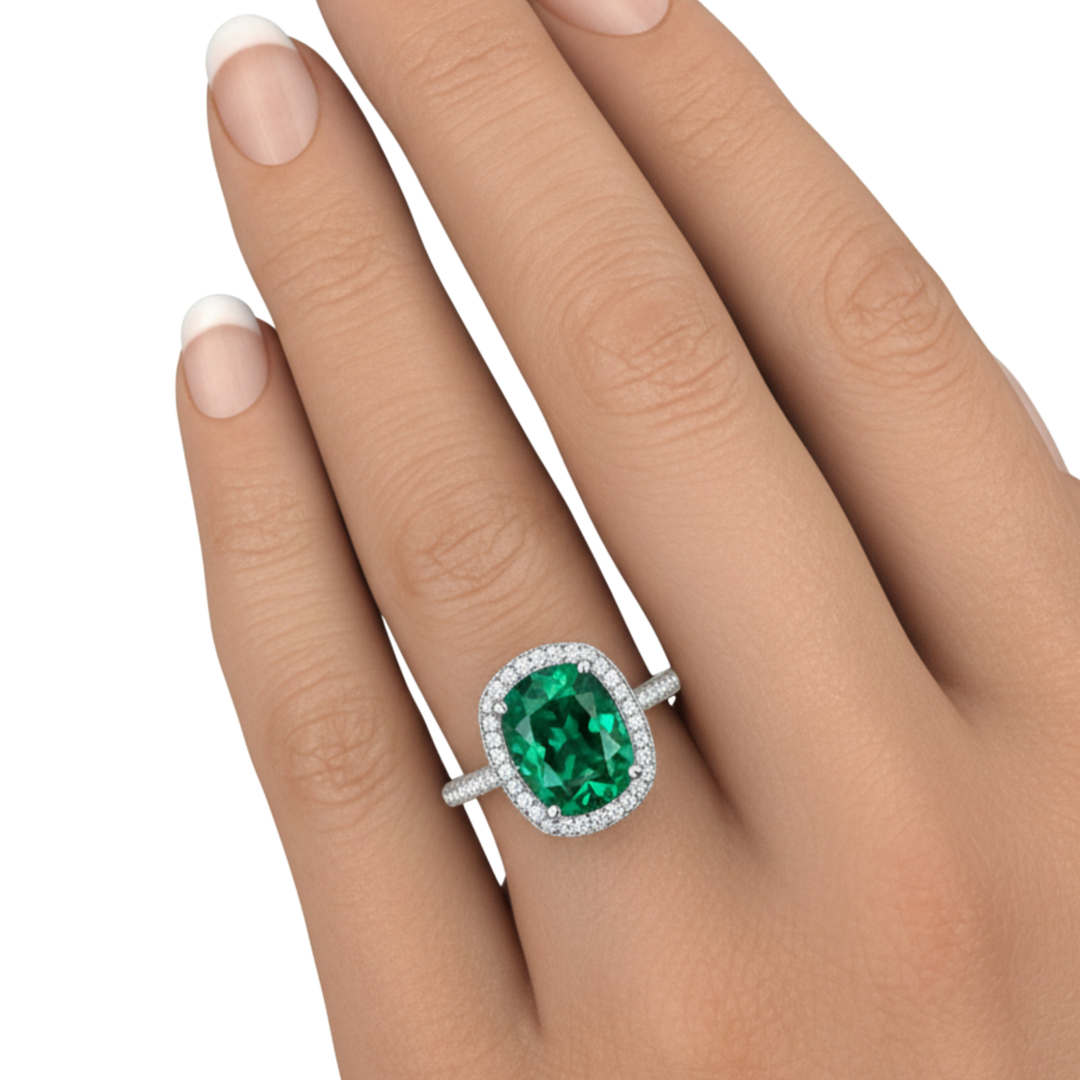 Large Cushion Emerald Ring shown on the Hand, Emerald Cushion Cut Engagement Ring Diamond Halo, Large Emerald Statement Ring | Rare Earth Jewelry