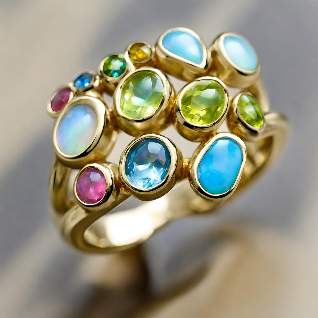 A large multi gemstone ring in a freeform Bohemian style with natural gemstones from Rare Earth Jewelry.