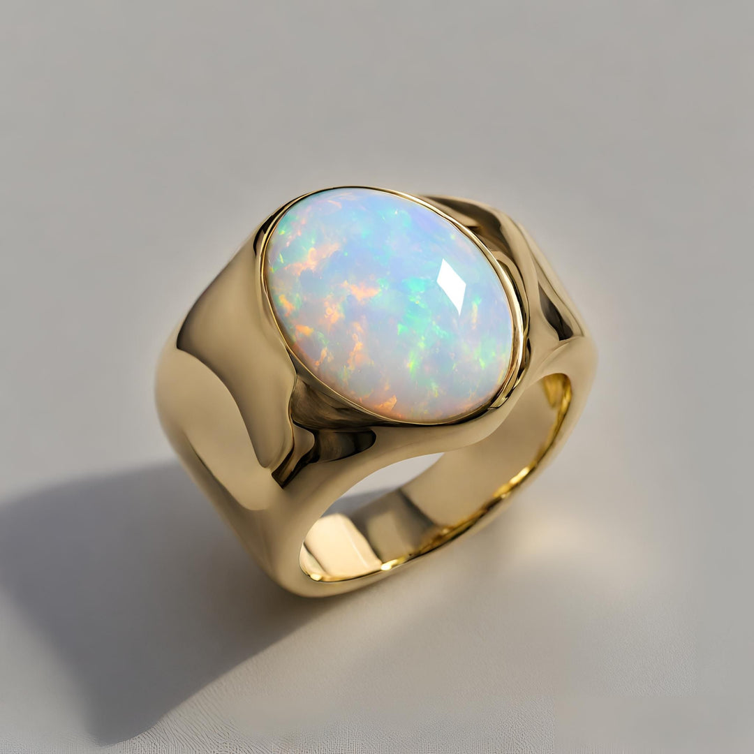 Large modern Opal ring puffy domed bezel setting statement ring from Rare Earth Jewelry.