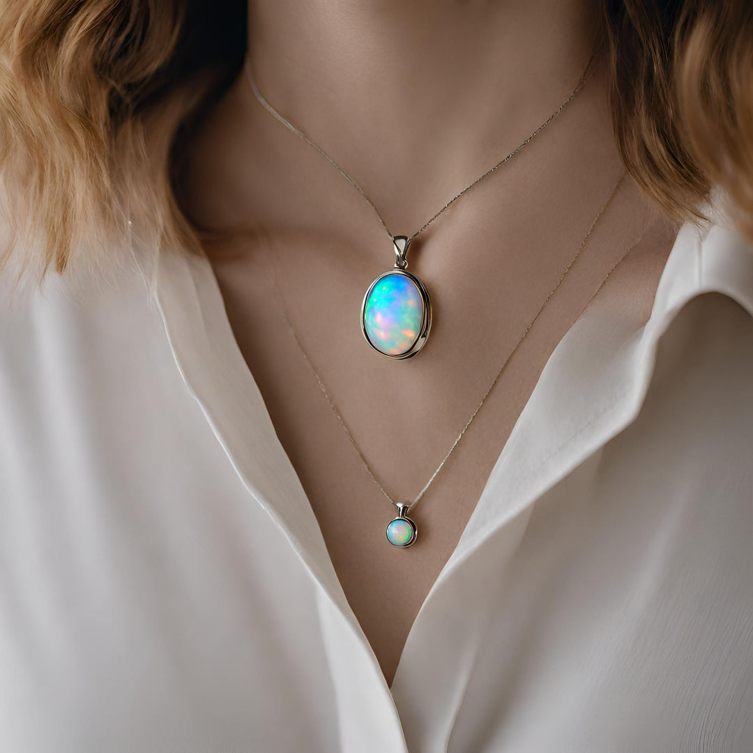 A large oval opal pendant and a tiny round opal pendant in 14K Gold from Rare Earth Jewelry.