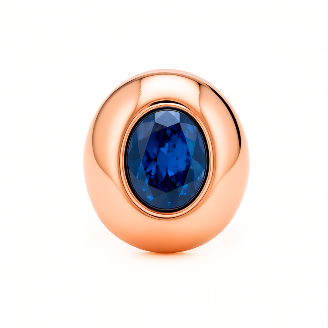 Large Oval Blue Sapphire Dome Ring in Rose Gold, Bezel Set Sapphire Cocktail Ring,  Modern Statement Ring, Oversized Chunky Blue Gemstone Ring in Gold or Platinum | Rare Earth Jewelry