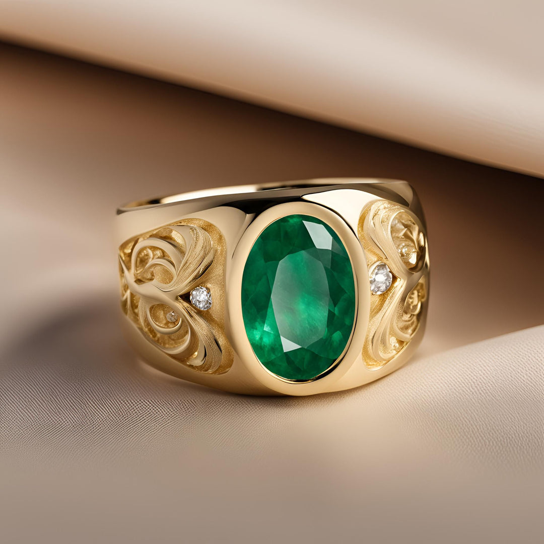 Large oval emerald ring with a vintage design accented with diamonds, bezel set statement ring for men or women from Rare Earth Jewelry.