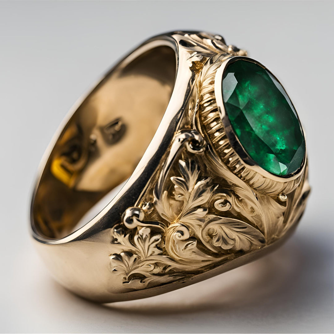 A large oval men's emerald ring with a carved ornate leaf design in 14K Gold from Rare Earth Jewelry.