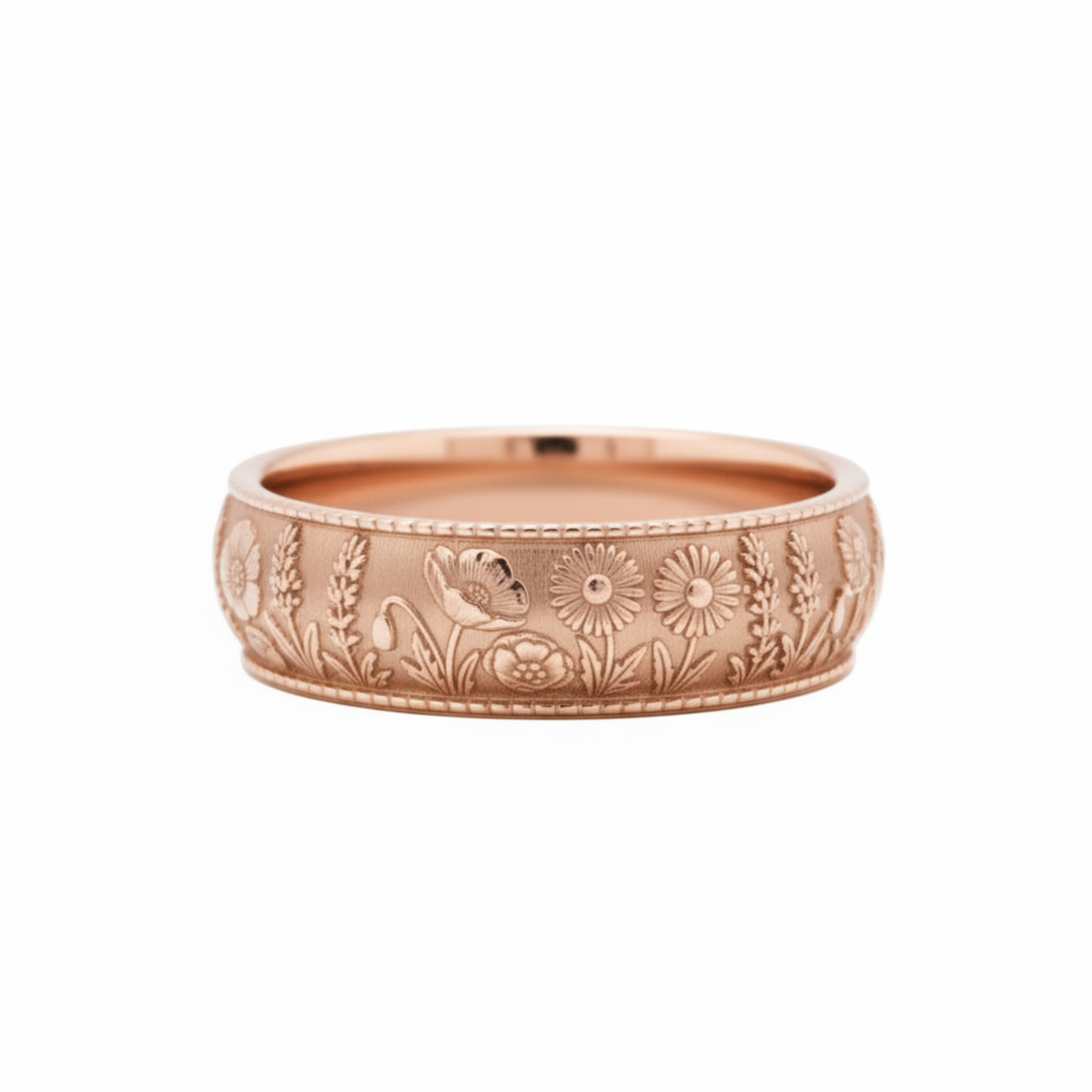 Lavender and wildflower engraved wedding band in 14K rose gold, botanical floral ring design | Rare Earth Jewelry