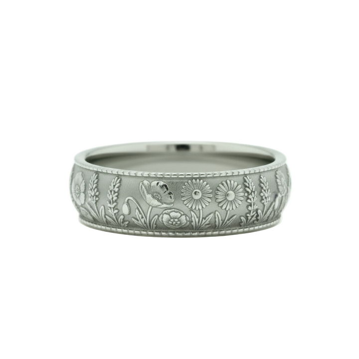 14K white gold botanical wedding band with lavender and wildflowers, engraved floral wide band | Rare Earth Jewelry