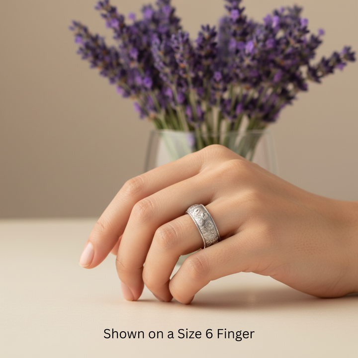 14K white gold floral engraved band with a lavender and wildflower design shown on size 6 finger,  unique handmade wedding rings | Rare Earth Jewelry