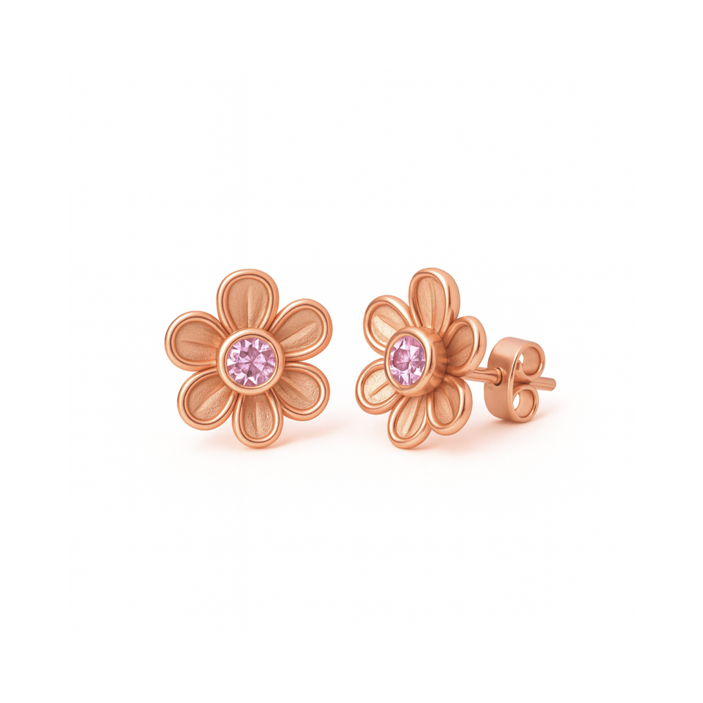 Light Pink Sapphire Stud Earrings with Floral Design in 14K or 18k Rose Gold,  Natural Gemstone Studs, Tiny Flower Shaped Studs, Pink Sapphire Earrings | Rare Earth Jewelry