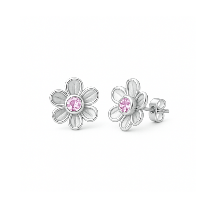 Light Pink Sapphire Stud Earrings with Floral Design in 14K or 18k White Gold,  Natural Pink Stone Earrings, Small Flower Style Studs, Baby Pink Sapphire Earrings | Rare Earth Jewelry