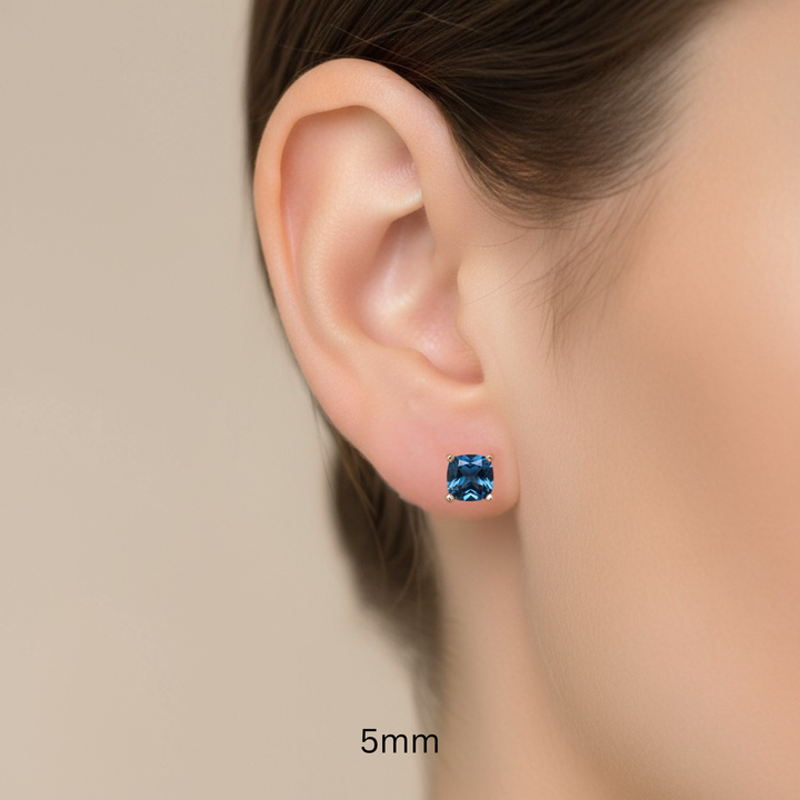 London Blue Topaz Earrings in 14K Gold, Square Blue Topaz Studs, December Birthstone Earrings, 5mm Cushion Cut Studs on the Ear | Rare Earth Jewelry