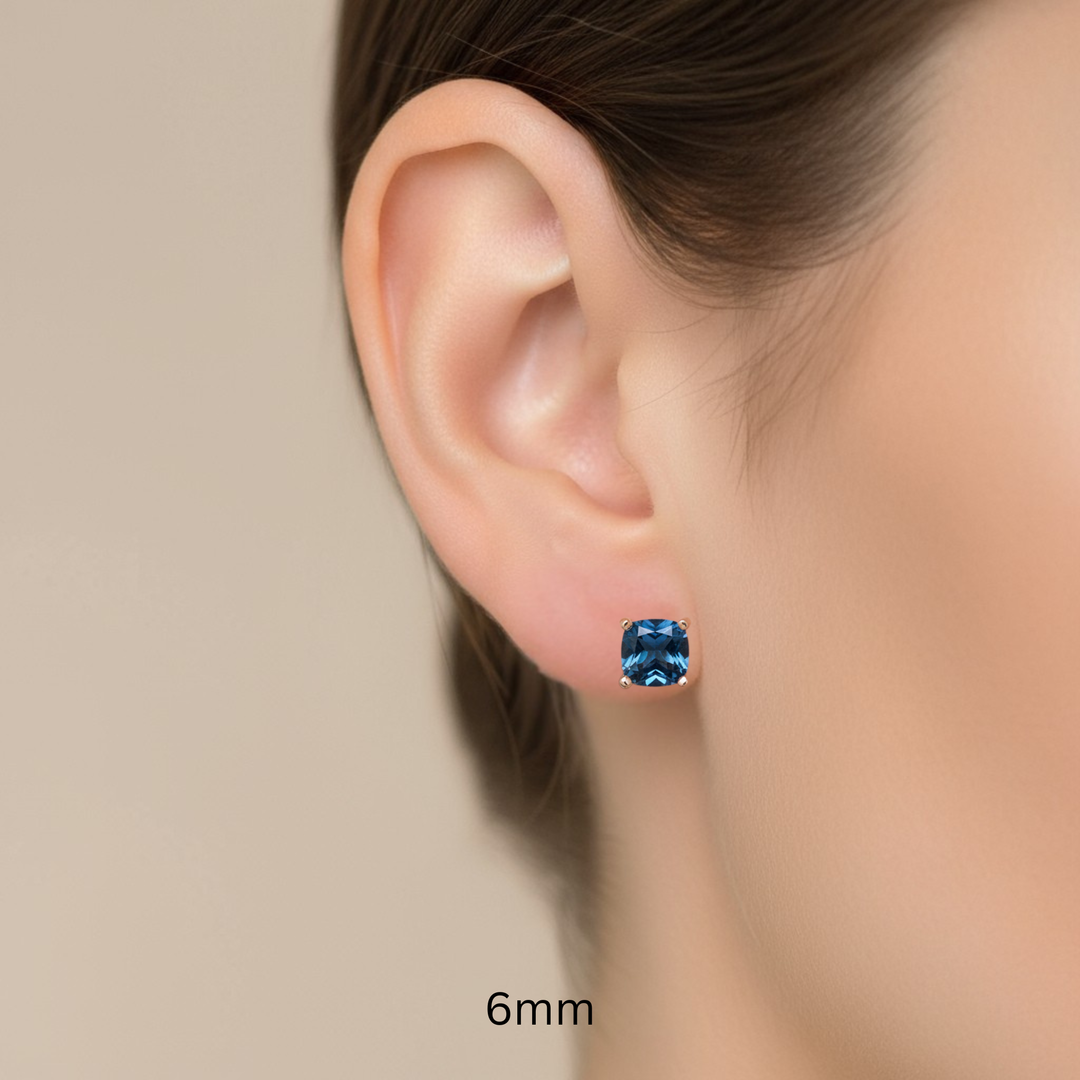 London Blue Topaz Earrings in 14K Gold, Square Blue Topaz Studs, December Birthstone Earrings, 6mm Cushion Cut Studs on the Ear | Rare Earth Jewelry