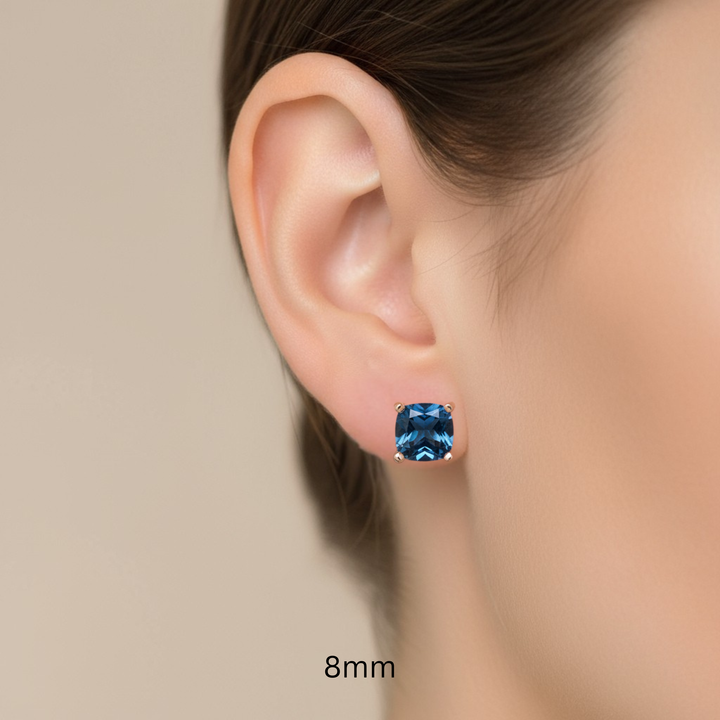 London Blue Topaz Earrings in 14K Gold, Square Blue Topaz Studs, December Birthstone Earrings, 8mm Cushion Cut Studs on the Ear | Rare Earth Jewelry