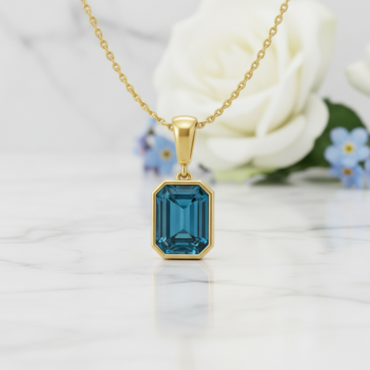 London Blue Topaz Necklace | Emerald Cut Natural Topaz Pendant in 14K Gold Bezel Setting
