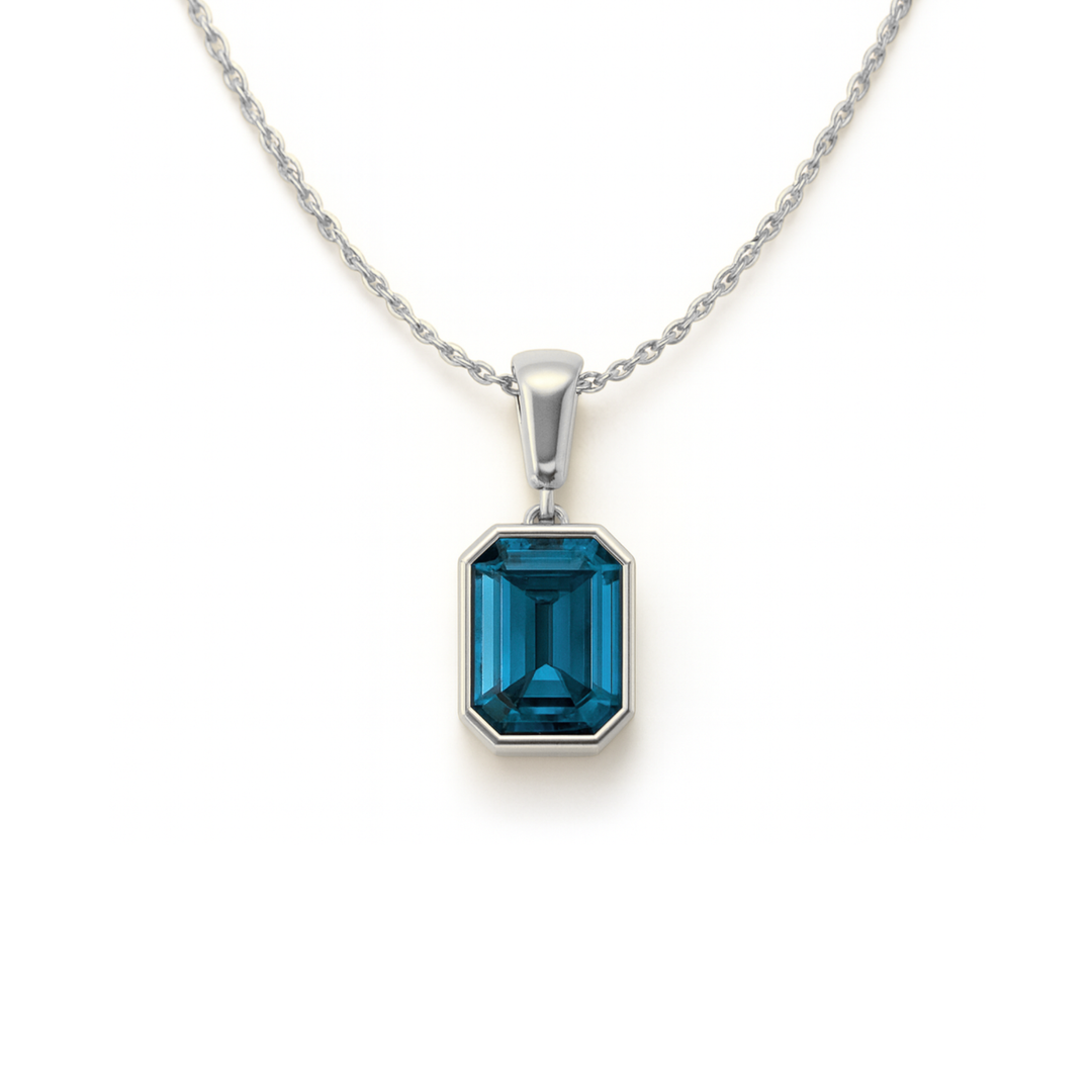 emerald cut london blue topaz pendant necklace in 14k white gold sleek bezel style, december birthstone jewelry | Rare Earth Jewelry