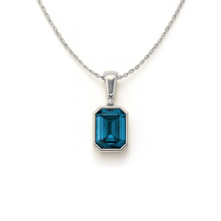emerald cut london blue topaz pendant necklace in 14k white gold sleek bezel style, december birthstone jewelry | Rare Earth Jewelry