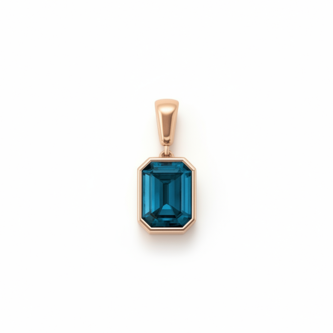 emerald cut london blue topaz pendant in 14k rose gold teal blue gemstone | Rare Earth Jewelry