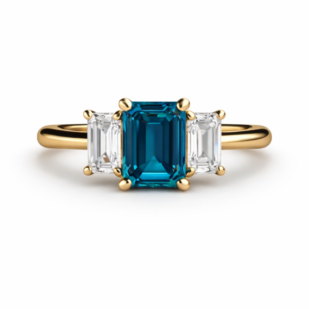 London Blue Topaz Three Stone Ring With Emerald Cut Center And Lab Diamond Side Stones In Yellow Gold | Rare Earth Jewelry
