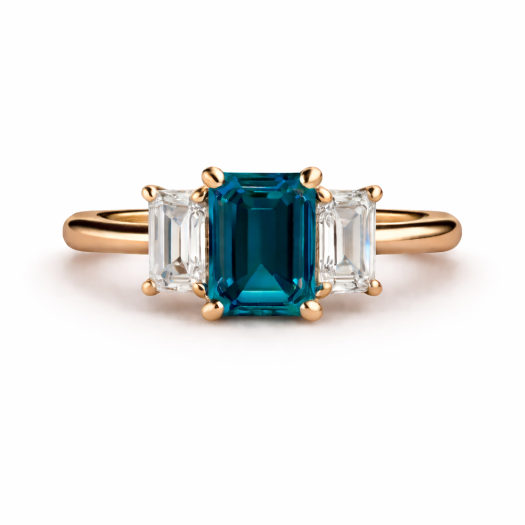 Emerald Cut London Blue Topaz Ring With Lab Diamond Side Stones In Three Stone Setting | Rare Earth Jewelry