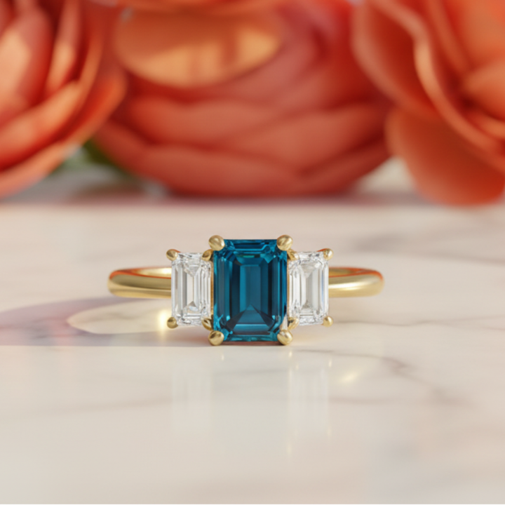 London Blue Topaz Three Stone Ring With Emerald Cut Center And Lab Diamond Side Stones | Rare Earth Jewelry
