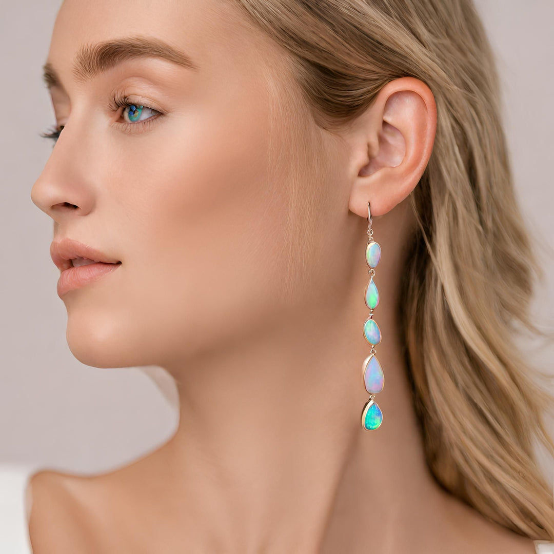 Long Opal Earrings in a Freeform Boho Style Dangles in 14K Gold from Rare Earth Jewelry.