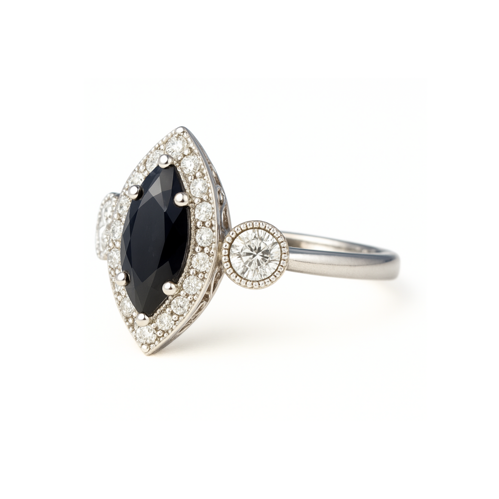 Three Stone Black Diamond Engagement Ring, Antique Design with Diamond Halo, Milgrain and Filigree, Bezel Set Diamond 3 Stone Design in Gold or Platinum | Rare Earth Jewelry
