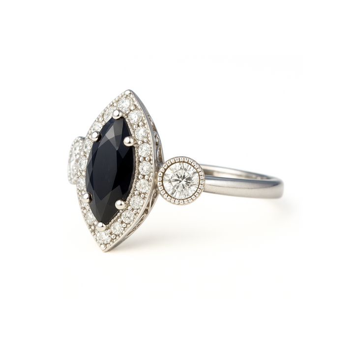 Three Stone Black Diamond Engagement Ring, Antique Design with Diamond Halo, Milgrain and Filigree, Bezel Set Diamond 3 Stone Design in Gold or Platinum | Rare Earth Jewelry