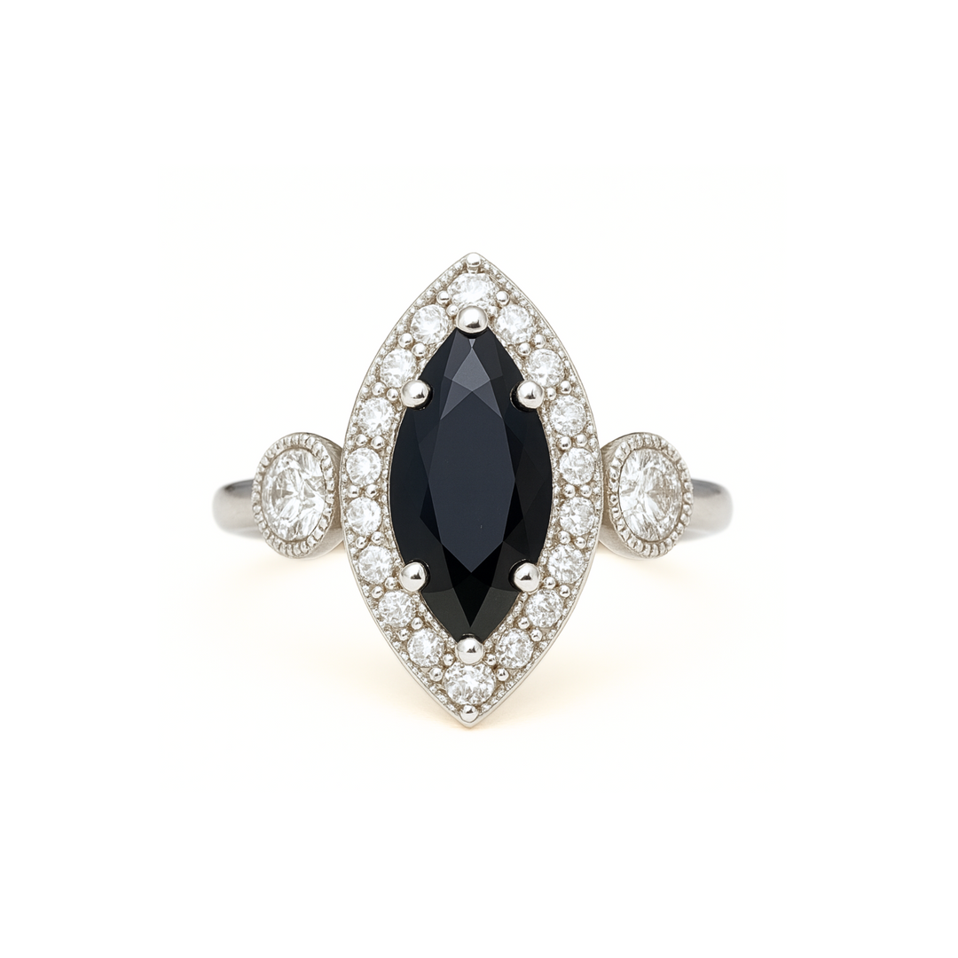 Marquise Cut Natural Black Diamond Engagement Ring with a Vintage Inspired Three Stone Design with Diamond Halo, Milgrain and Filigree in Gold or Platinum | Rare Earth Jewelry