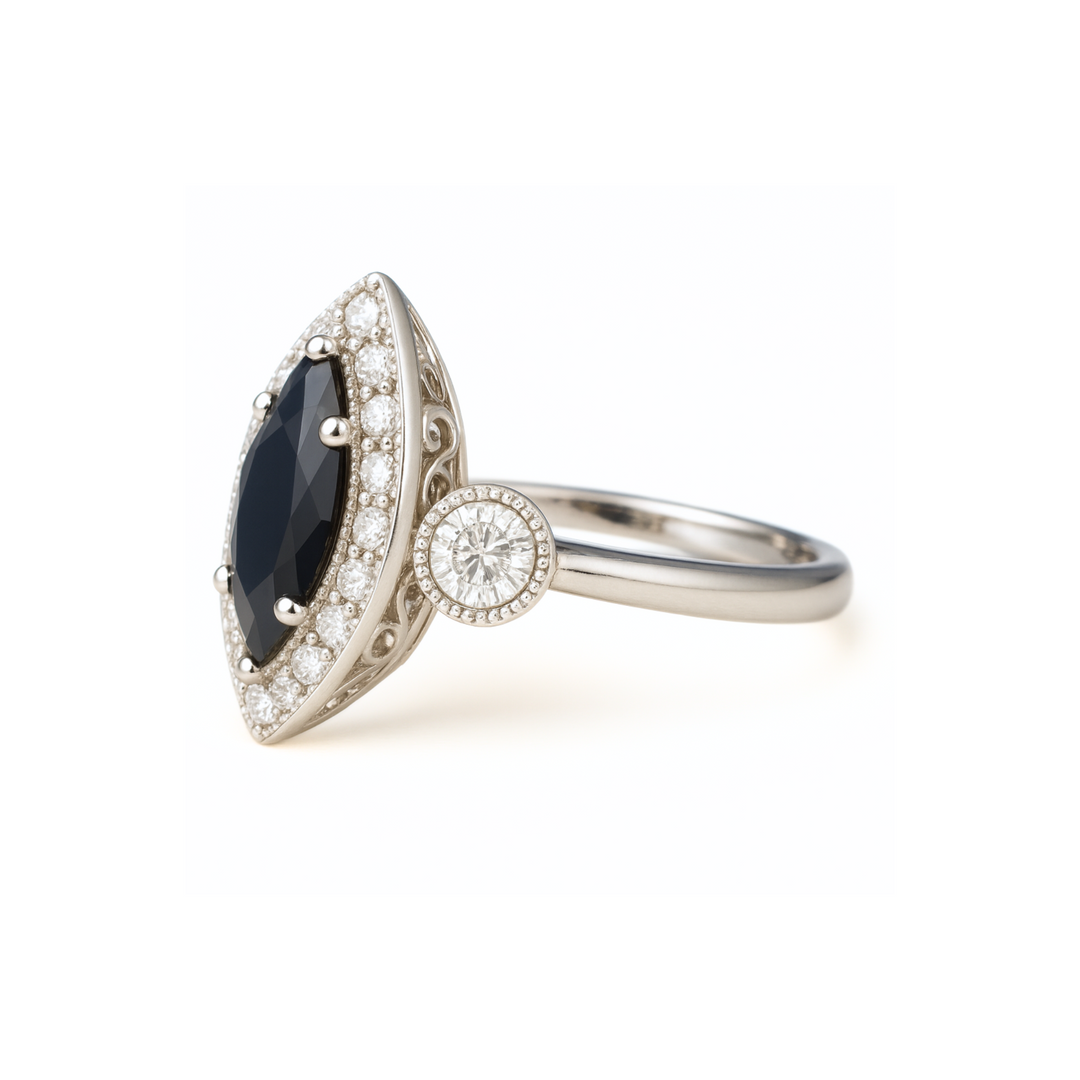 Marquise Black Diamond Engagement Ring in Vintage Style Design with Filigree, 3 Stone Halo Design with Natural Black Diamond in Gold or Platinum