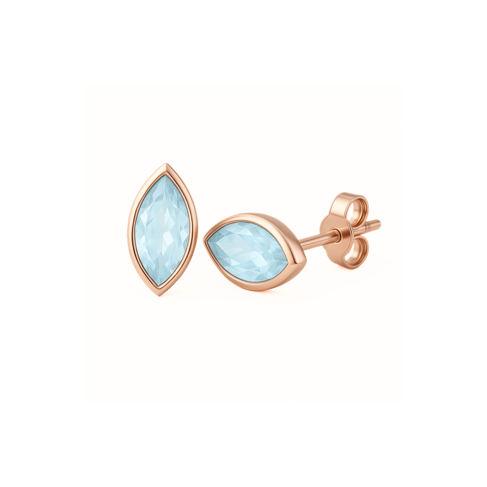 Marquise Cut Natural Aquamarine Stud Earrings for Men and Women in Minimalist Style Bezel Settings in 14K Rose Gold, Natural Blue Gemstone Earrings available individually or in pairs, March Birthstone Earrings | Rare Earth Jewelry