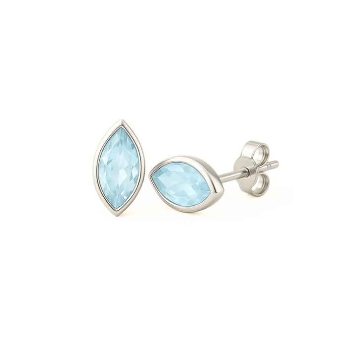 Natural Aquamarine Stud Earrings in 14K Gold, Marquise Cut Natural Aquamarine in Bezel Set Modern Design, available in single earring or as a pair, Natural Blue Gemstone Studs, March Birthday Gift or Push Present | Rare Earth Jewelry