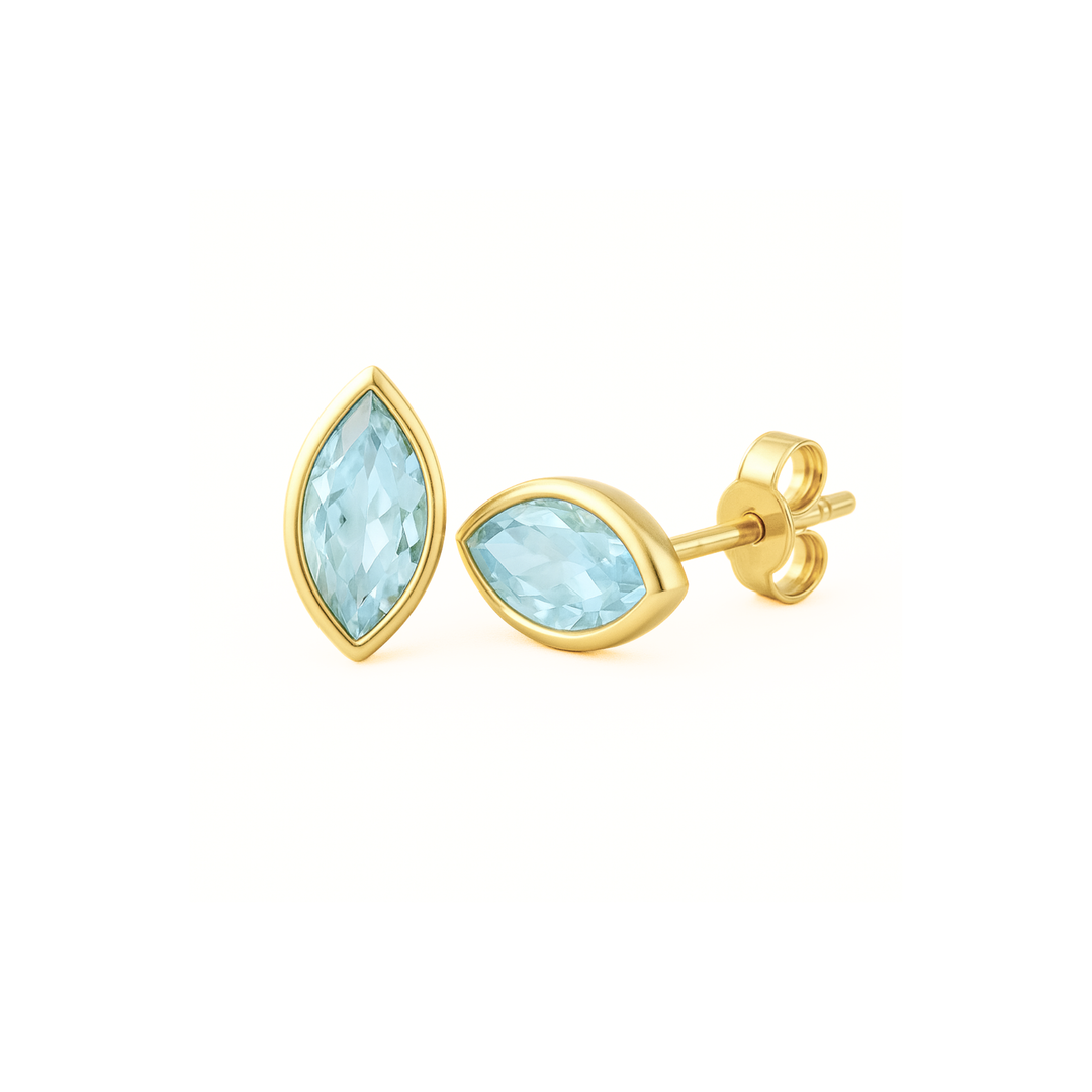 Marquise Cut Natural Aquamarine Stud Earrings in Modern Bezel Settings in 14K Yellow Gold, Blue Gemstone Earrings, March Birthstone Earrings | Rare Earth Jewelry