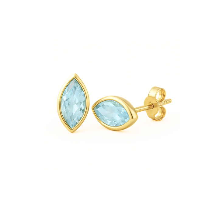 Marquise Cut Natural Aquamarine Stud Earrings in Modern Bezel Settings in 14K Yellow Gold, Blue Gemstone Earrings, March Birthstone Earrings | Rare Earth Jewelry