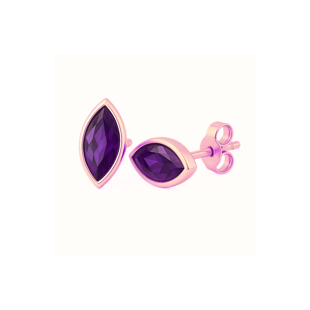 Marquise Cut Amethyst Stud Earrings in 14K Rose Gold Bezel Settings, Natural February Birthstone Studs | Rare Earth Jewelry