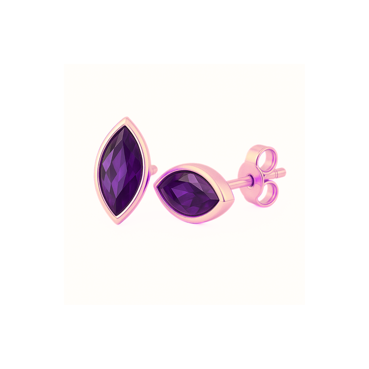 Marquise Cut Amethyst Stud Earrings in 14K Rose Gold Bezel Settings, Natural February Birthstone Studs | Rare Earth Jewelry