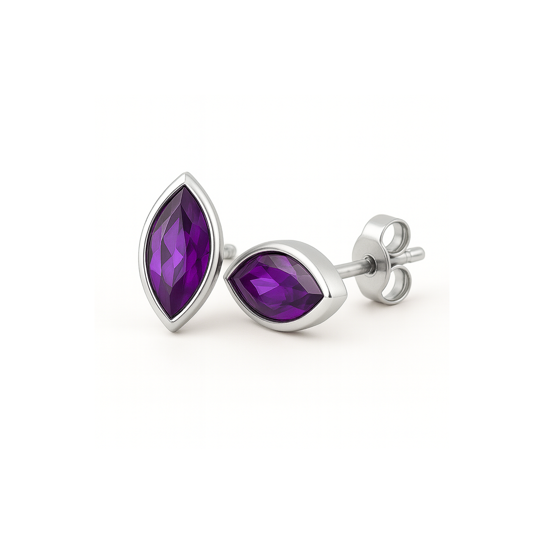 Marquise Cut Natural Amethyst Stud Earrings in 14K Gold Bezel Set Purple Natural Gemstone Studs for Men or Women, February Birthstone Earrings available as a single stud earring or pair | Rare Earth Jewelry